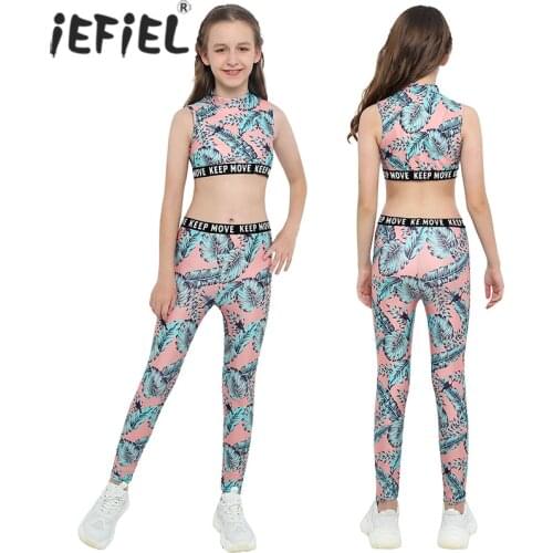 Kids Girls Tracksuit Outfit Printed Sleeveless Tanks Crop Top with Leggings Pants for Dance Workout Running Gym Yoga Sport Suit