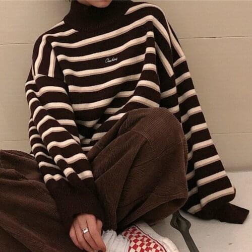 Turtleneck Sweater Ladies Style Striped Autumn and Winter Ulzzang Fashion Womens Students Harajuku Soft Chic Ladies Pullover