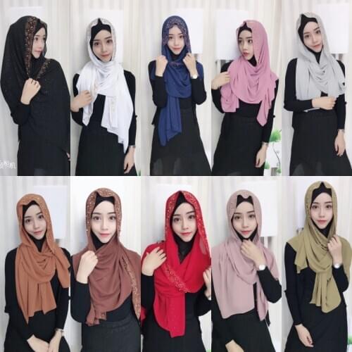 Temperament Ladies Headdress Shiny Muslim Ladies Hijab Islamic Beaded Wrap Scarf Solid Color Arabian Turban Scarf Shawls Fashion