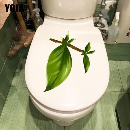 YOJA 22.7*17CM Hand Drawn Cartoon Green Leaf WC Decor Toilet Sticker Home Bedroom Wall Decal T1-0825