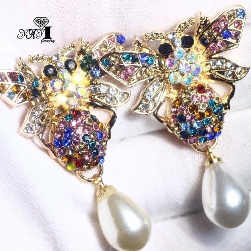 YaYi Jewelry Multi-color Glass Flower Dangle Women Ancient Gold Color Wear Ear Band Tassel Wedding Stud Drop Hoop Clip Earrings