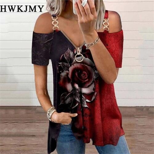 Women Summer V-neck Zipper Shirt Rose Print Chain Strap Off Shoulder Blouse Woman Clothing Short Sleeve Streetwear Tops