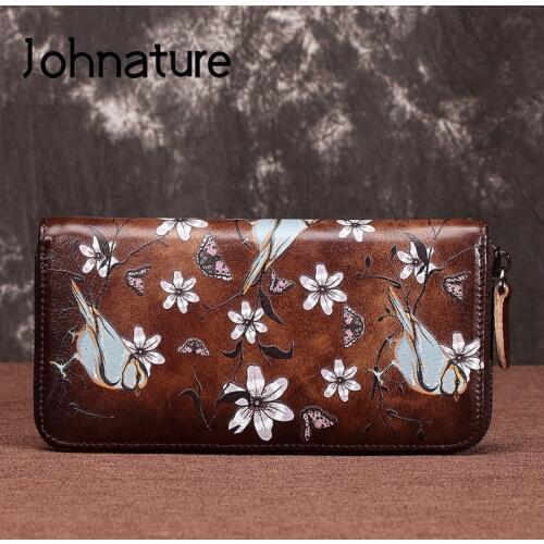 Johnature Retro Hand Painted Womens Wallets And Purses 2020 New Genuine Leather Phone Purse Wallet Card Holder Hand Wallet