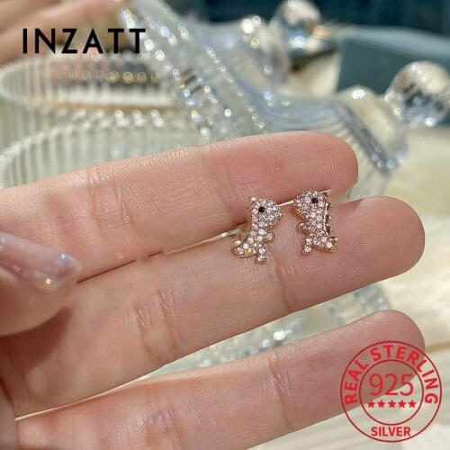 INZATT Real 925 Sterling Silver Zircon Dinosaur 14K Gold Stud Earrings For Women Animal Fine Jewelry Accessories Drop Shipping