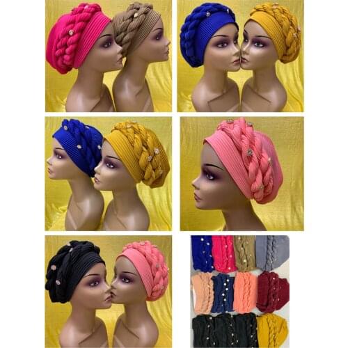 Glorious African Braid Elastic Headtie Womens Turban Cap Ready Female Head Wraps Already Made Headties Wedding Hat 12pcs/pack