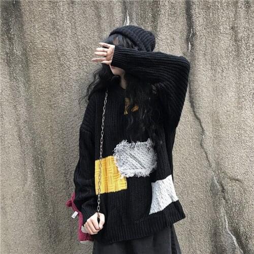 New Fashion Autumn Streetwear Harajuku Vintage Black Knit Pullovers Gothic Punk Style Long Sleeve O-neck Women Fashion Top