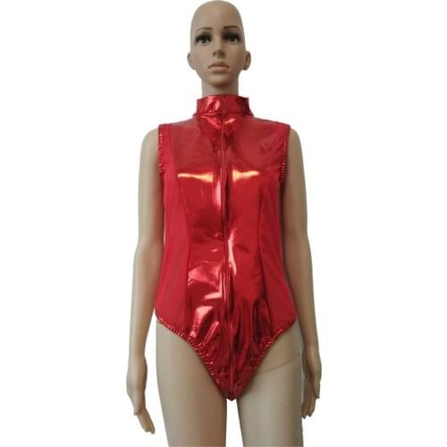 Womens Shiny metallic Night Clubwear High Cut Bodysuit Catsuit Sheer Mesh Splice 3-way Zipper Thong Sexy Bodysuit Costumes