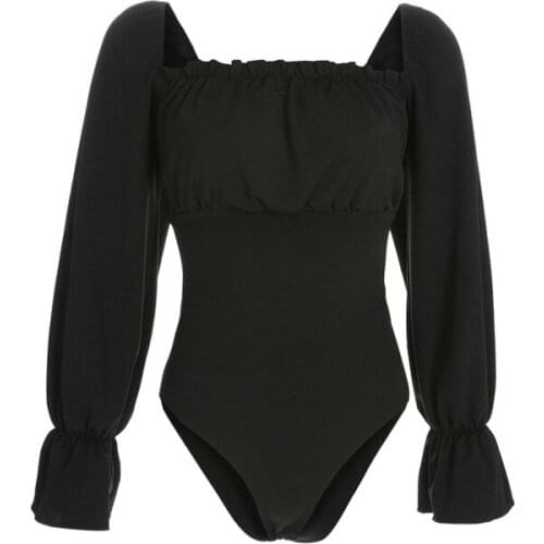 Fashion elegant princess style Long Sleeve Square collar Bandage Backless Sexy Basic Solid Bodysuit rompers womens jumpsuit