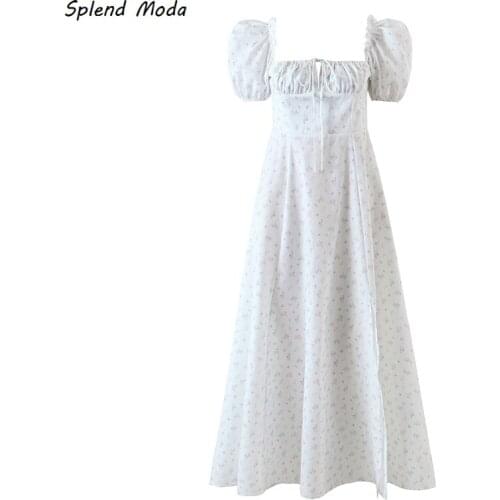 Splend Moda Summer 2021 Prairie Chic Women French Lace-Up Floral Print Folds Puff Sleeve Hem Split Long Dress Zipper Vestido