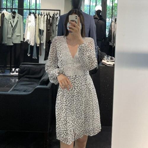 Women Dress 2021 Early Autumn V-neck French Retro Polka Dot Print Long Sleeve Dress Women