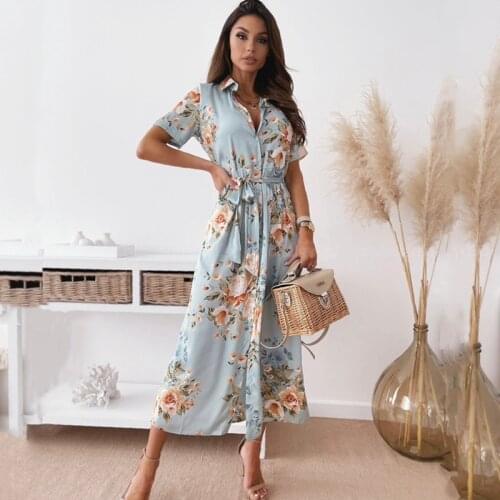 Women Elegant Holiday Boho Beach Summer Maxi Shirt Dress Turn Down Laper Button Front Split Belt Flroal Print Long Dresses Robe