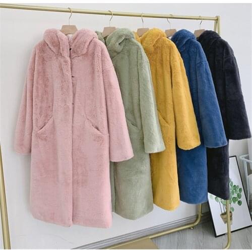 Women Winter Thick Mid-Length Solid Color Plush Coat Ladies Fashion Keep Warm Big Pocket With Cap Plus Size Blue Fur Coat 088