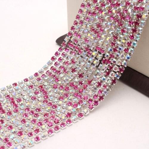 10Yard Hot Pink+AB Claw Crystal Rhinestones Chain Gradient DIY Dense Silver Base Rhineston Chain For Garment&Bag Art Decoration