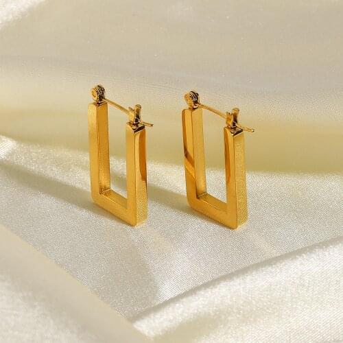 18K Gold Plated 316L Stainless Steel Hoop Earrings For Women French Vintage High-end Geometric Rectangle Earrings Jewelry