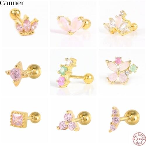 CANNER 1pcs 925 Sterling Silver Stud Earrings Helix Cute Pink Zircon Piercing Earrings For Women Fine Jewelry Cartilage Aretes