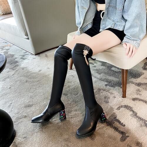 Over The Knee High Boots Women Pumps Sexy Rhinestone Square Heel Knight Boots Solid Color Women Shoes Zapatillas Mujer Winter