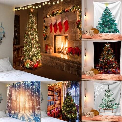 Boho Decor Wall Hanging Tapestry Merry Christmas Tree Reindeer Fireplace Winter Forest Tapestry Bedroom Living Room Dorm Tapiz