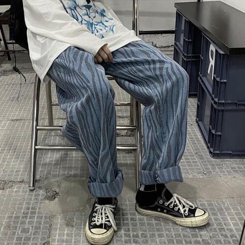 Jogger MenS Washed Jeans With Zebra Pattern Full Jacquard Ins Dark Street Clothing Loose WomenS Wide-Leg Straight-Leg Pants