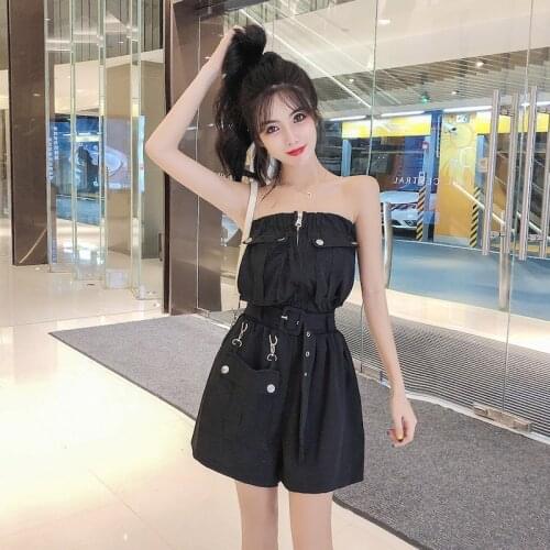 Jumpsuit Women Summer 2021 New Women Romper Sleeveless Solid Button Pocket Short Pant Wide Leg Overalls Strapless Clothes AA5636