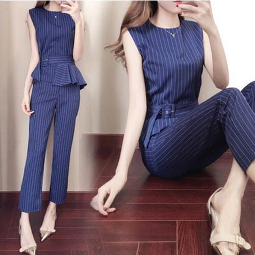 Two piece set top and pants summer new fashion stripe elegant pioneers womens temperament commuter leisure two-piece