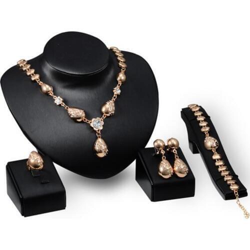 Luxury Gold Jewelry Sets Crystal Water Drop Pendant Necklace Choker Earrings Ring Bracelets For Female Party Jewelry Set