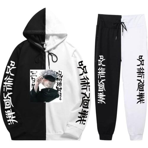 Fresh Summer Man New 2 Pieces Sets Anime Jujutsu Kaisen Print Fashion Soft Patchwork Thin Hoodie+Patchwork Pants