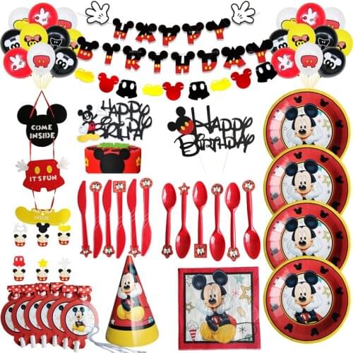 Red Mickey Mouse Childrens Theme Birthday Party Paper Cup Draw Flag Background Baby Shower Disposable Tableware Set Supplies