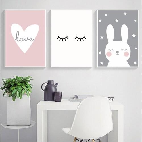 Rabbit Heart Nursery Wall Art Canvas Painting Cartoon Posters and Prints Decorative Picture Nordic Style Kids Decoration