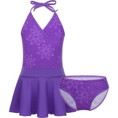3Pcs Kids Girls Swimsuit Halter V Neck Top & Skirt Brief Bottoms Flower Print Swimwear Bathing Suit Beachwear Bikini Sets Summer