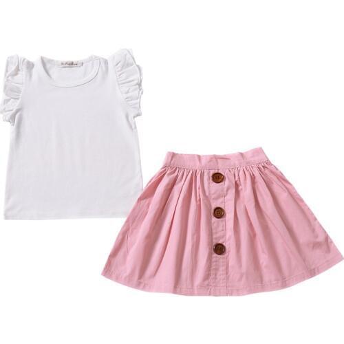 Two piece Summer Girl Suit Pure color Top and Short Sleeveless Cute Ruffles Vestidos children summer dress half dress girl
