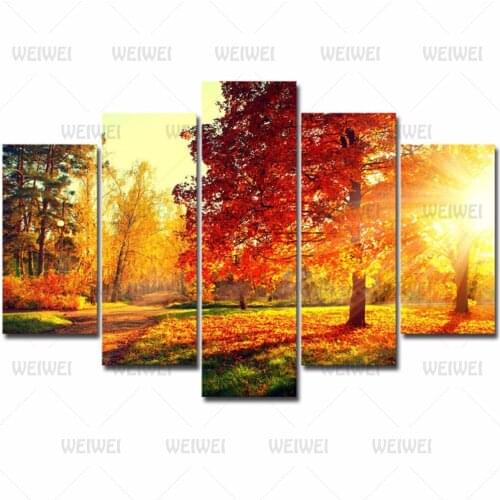 Autumn Red Leaf Forest Canvas Painting Plant Sunshine Five-Piece Poster Wall Picture Living Room Decoration Posters and Prints