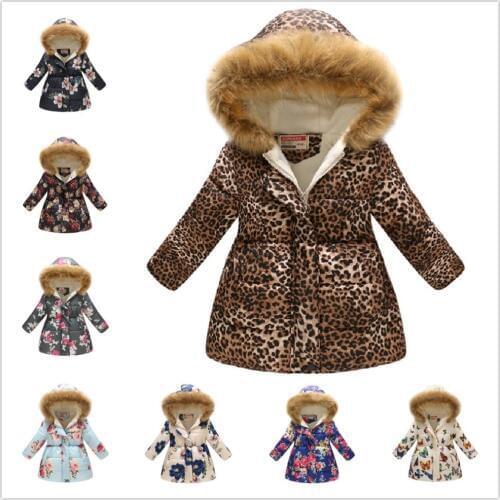 Leopard Young Girls Down Jacket Fleece Winter Children Outwear Clothes Girl Hooded Long Coat Outfit Flower Kids Overcoat Cloak