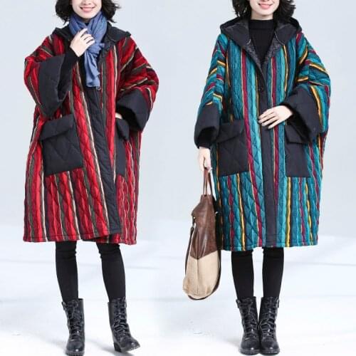 Plus Size Winter Warm Hooded Coat Women Stripe Oversized Ladies Coats 2021New Thick Long Outwear Woman Cotton Coat Femme s1000