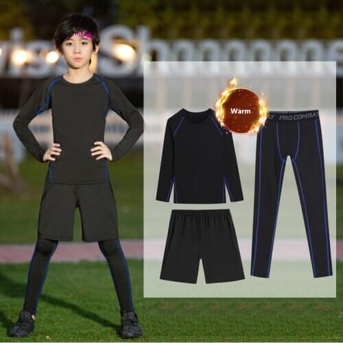 Warm 3 Pieces Running Set Kids Men Sport Suit Jogging Basketball Tight Underwear Sportswear Gym Fitness Soccer Tracksuit Clothes