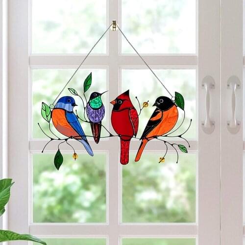 Stained Glass Birds-On-A-Wire Window Panel Hanging Ornament Decor