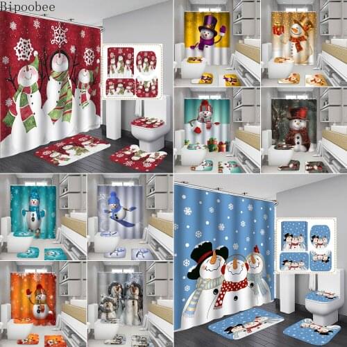 Bipoobee High Quality Fabric Shower Curtains Snowman Merry Christmas Toilet Cover Rug Bath Mat Set Bathroom Curtain Home Decor