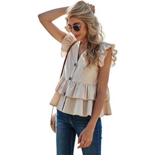 European American Womens Top Spring 2021 New Solid Color Casual Single Breasted Blouse Womens V-Neck Blouse