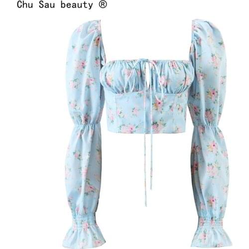 French Vintage Fresh Floral Blouse Women 2021 Summer New Sexy Fashion Square Collar Lace-Up Lantern Sleeve Slim Top Chic