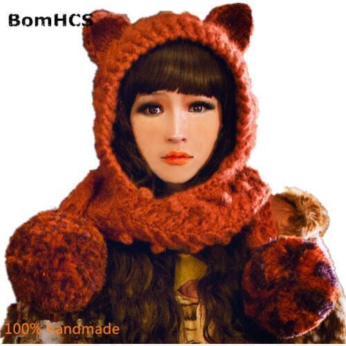 BomHCS Hat with Scarf Cute Cat Ears Winter Warm 100% Handmade Knitted Beanie Neckerchief (without gloves)