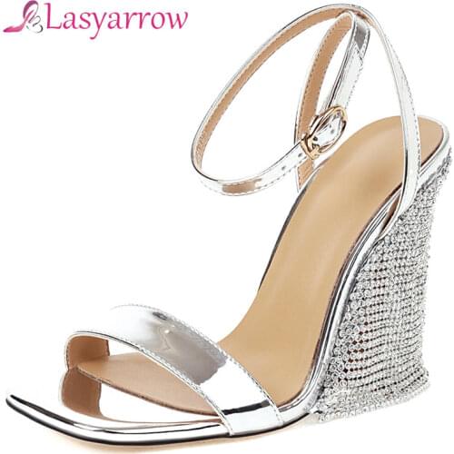 Lasyarrow 2021 Big Size High Heel Wedges Sandals Women Shoes Ankle Buckle Crystal Fashion Sexy Summer Party Nightclub Shoes Lady