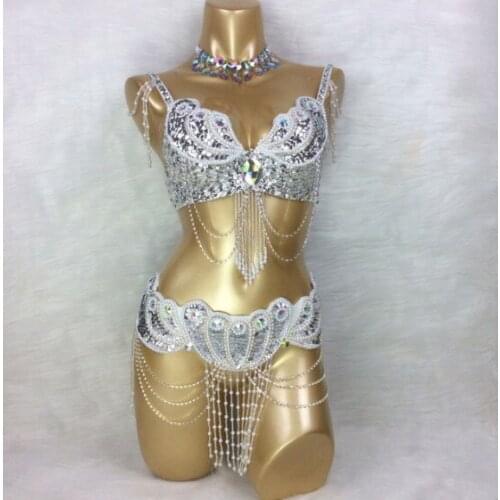 High quality Womens beaded Crystal belly dance costume wear Bar+Belt +necklace 3pcs set sexy bellydancing costumes 2152