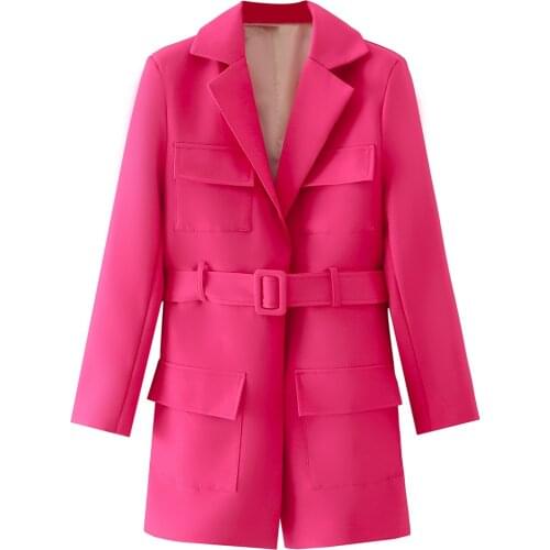 Notched Collar jacket With Belt Blazer Women Double Pocket Slim Suit Coat Ladies 2021 Spring New Casual Elegant Sashes Outerwear