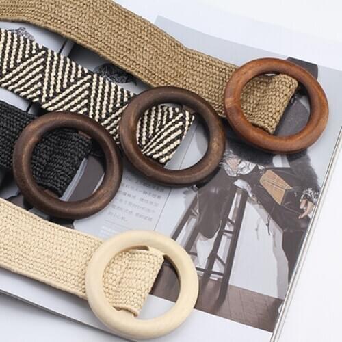 Round Wooden Buckle Design Braided Belts For Women Boho Woven Strap Waist Belt For Women Dress Jeans Black Plastic Drop Shipping