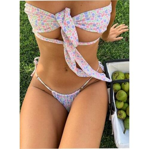 Women Split Swimsuit Set, Solid Color/Floral Print Low-cut Lace-up Bikini + Panties for Summer 2021 New Fashion