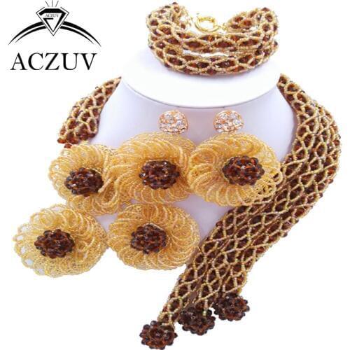 ACZUV Latest Brown and Gold Crystal Fashion African Beads Jewelry Set 2017 Nigerian Necklace Wedding Accessories C3F008