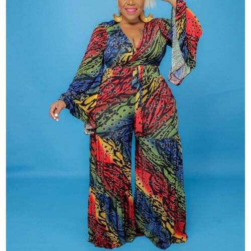 2 Pieces Pants Sets Womens Outfits Plus Size 4XL 5XL Printed Blouse & Wide Leg Pants Fashion Oversized Matching Sets Autumn Fall