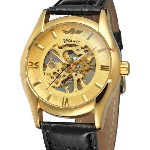 WINNER WATCH Trendy fashion casual mens watch hollow design gold dial and case black leather strap automatic mechanical watch