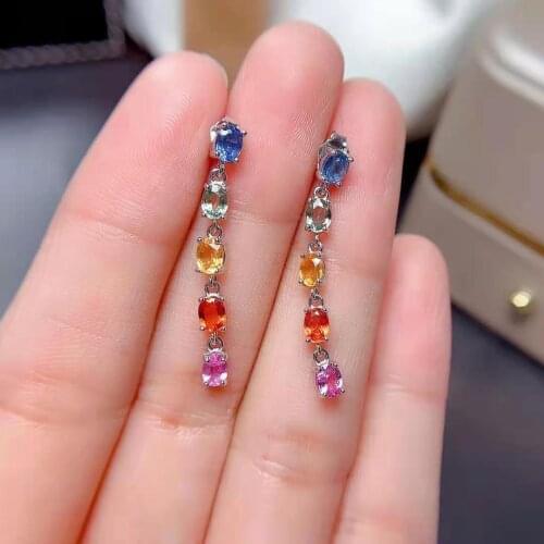 Natural Sapphire/Aquamarine Long Earrings S925 Pure Silver Fine Fashion Charming Luxurious Jewelry For Women Meibapj FS