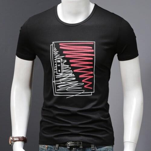 Fashion Geometric Print T Shirt 2021 Summer Mens Black Cotton Short Sleeve Slim Fit Tshirt