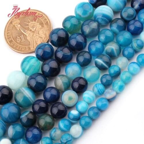 Smooth Round Banded Stripe Blue Agates Natural Stone Beads for Women Men DIY Accessorie Necklace Bracelet Jewelry Making 15"